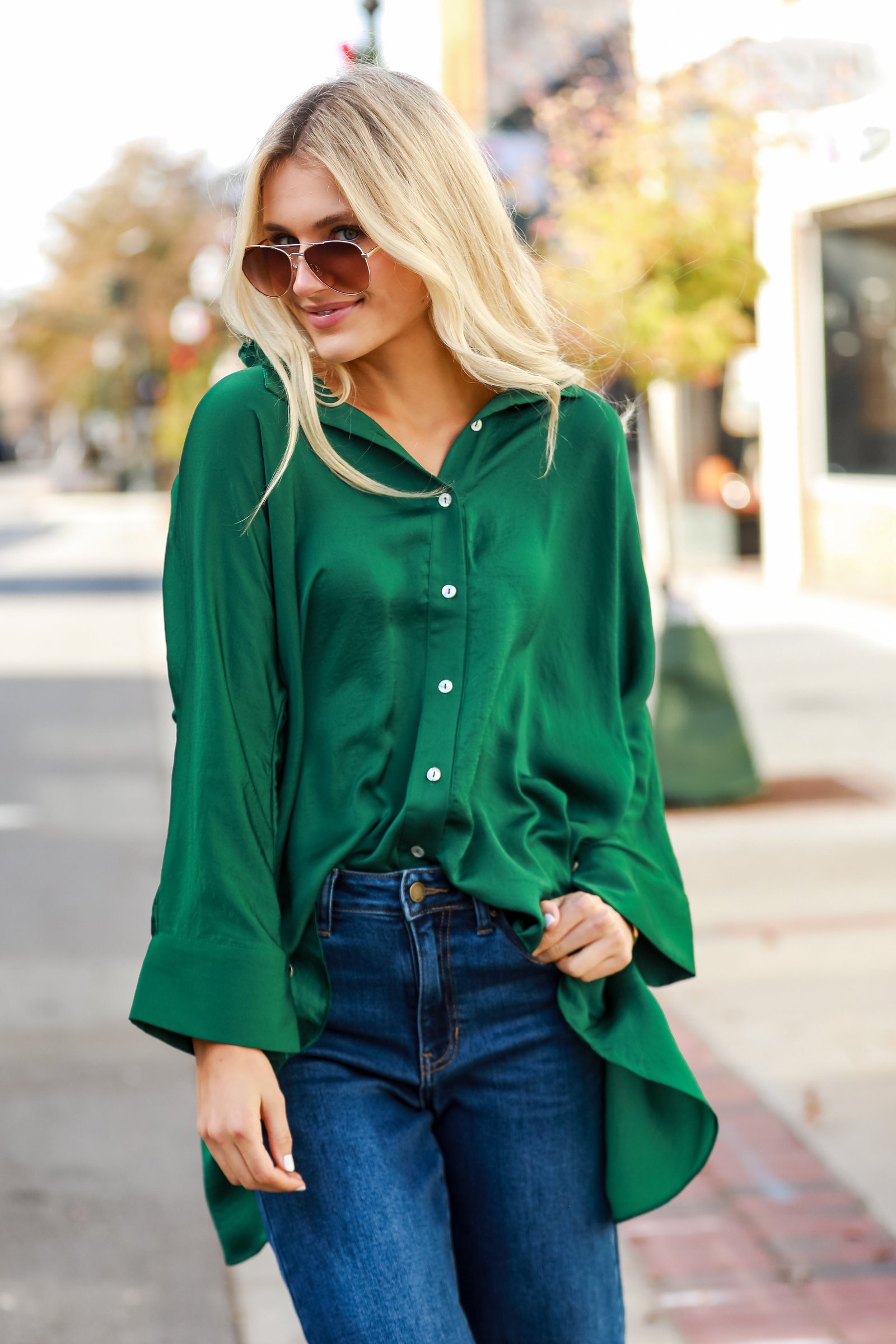 green Satin Oversized Blouse